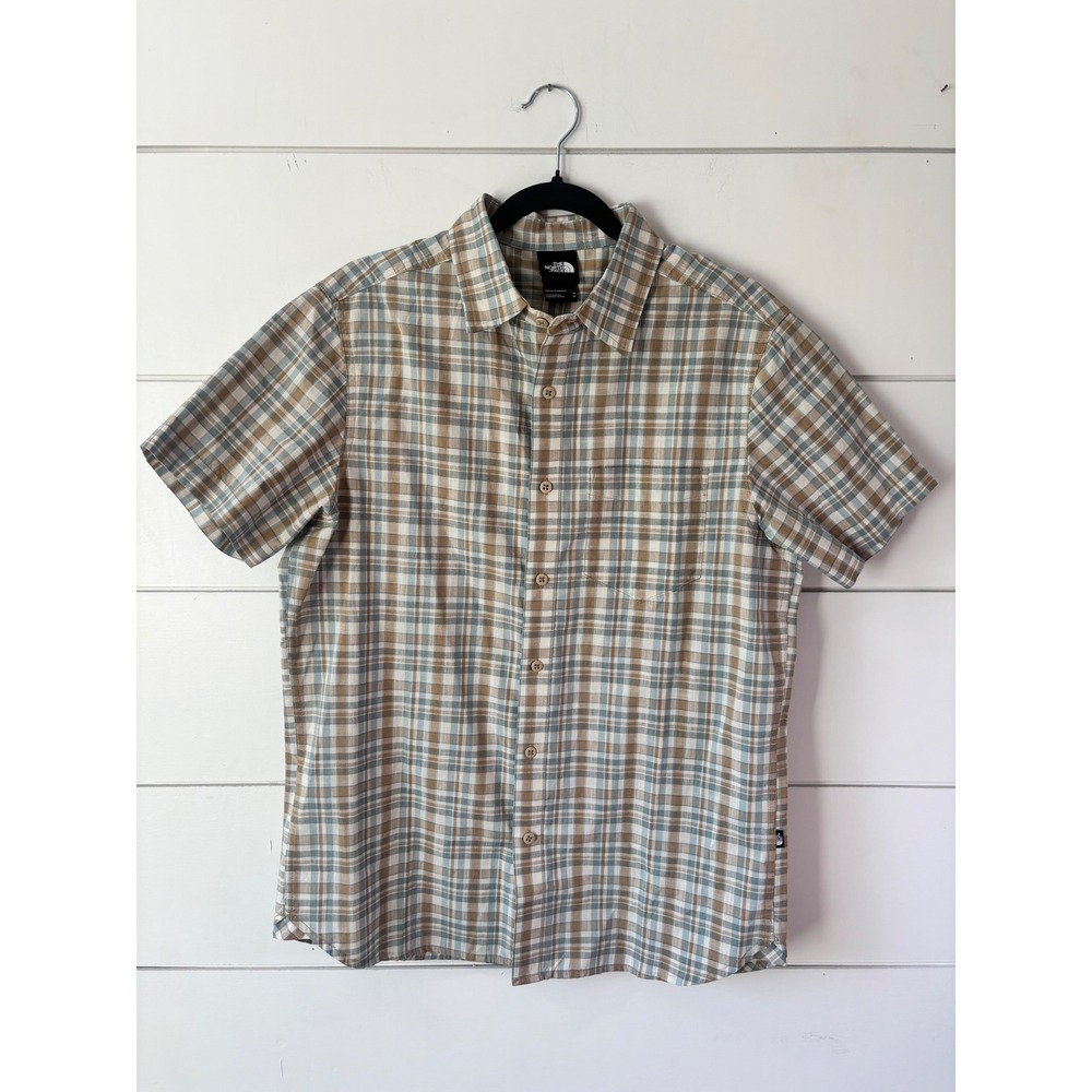 The North Face Plaid Shirt Mens Medium Tan Blue Short Sleeve Cotton Outdoor
